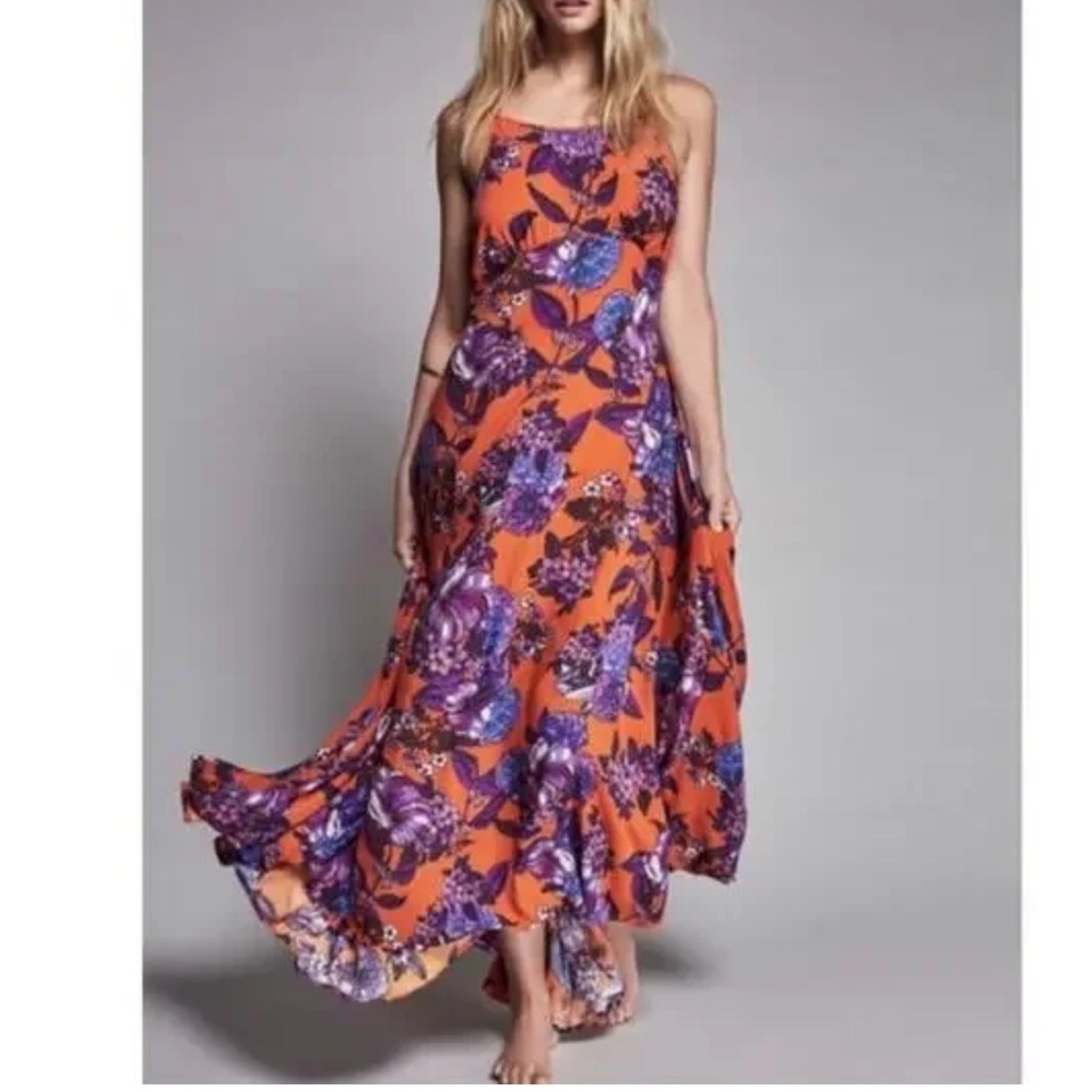 Free People Floral Low Back Maxi Dress Orange Purple NWT Size 6